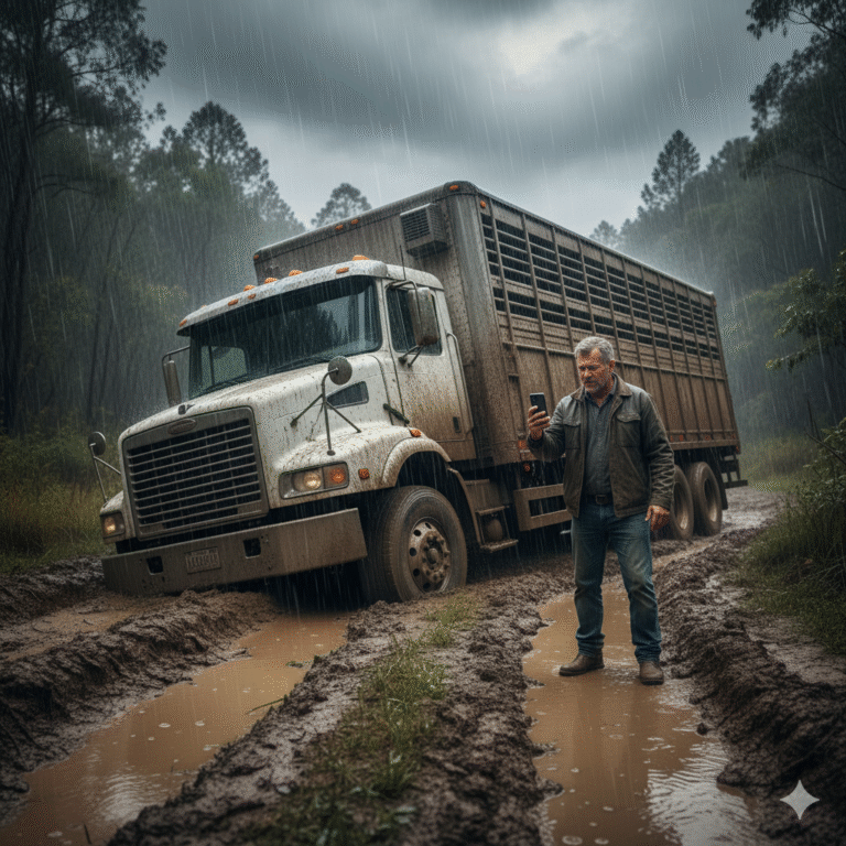 Um caminhão de carga viva branco está profundamente atolado na lama em uma estrada de terra rural sob forte chuva. O motorista, um homem de meia-idade com uma jaqueta escura e jeans, está em pé ao lado do caminhão, olhando para seu smartphone com uma expressão frustrada. A estrada está cheia de poças e rastros de pneus, e a chuva torrencial borra a densa vegetação e as árvores ao fundo. O céu está escuro e nublado, contribuindo para a atmosfera sombria.