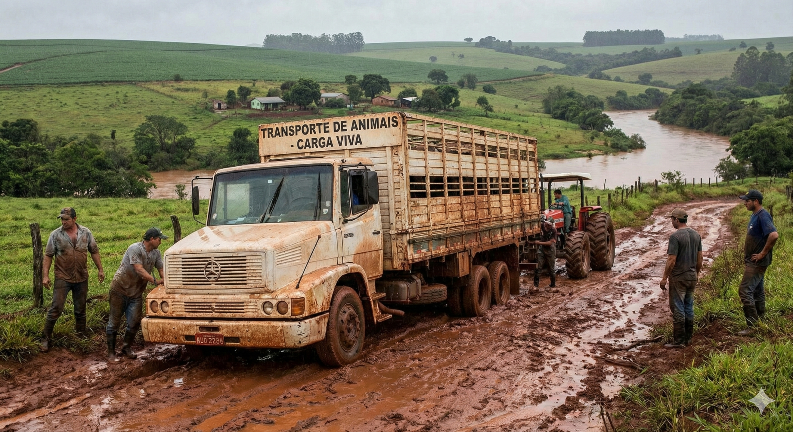 Caminhão de carga viva atolado ilustrando os desafios da logística rural no Oeste do Paraná.