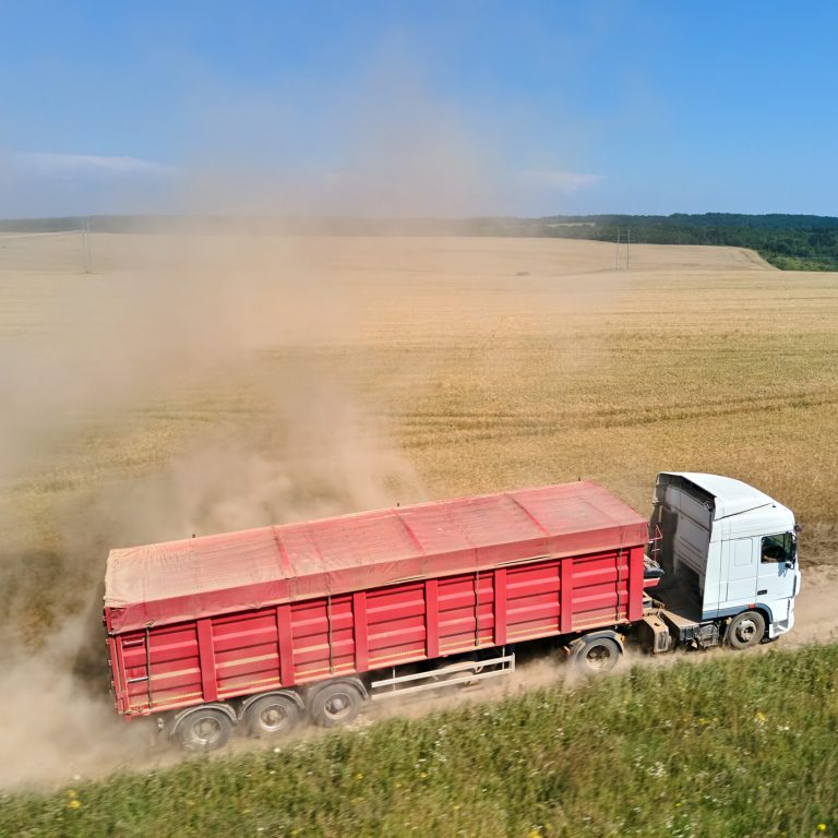 Caminhão de carga percorrendo estrada rural de terra com poeira, representando os desafios da logística em estradas rurais no Brasil.